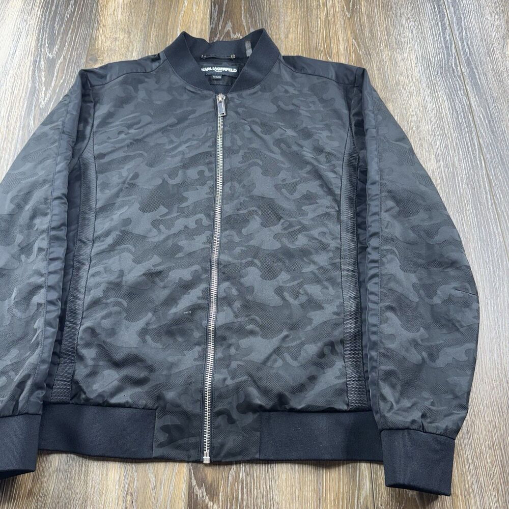 Karl Lagerfeld Paris Bomber Jacket Mens XL Black Camo Streetwear Zip Up Coat